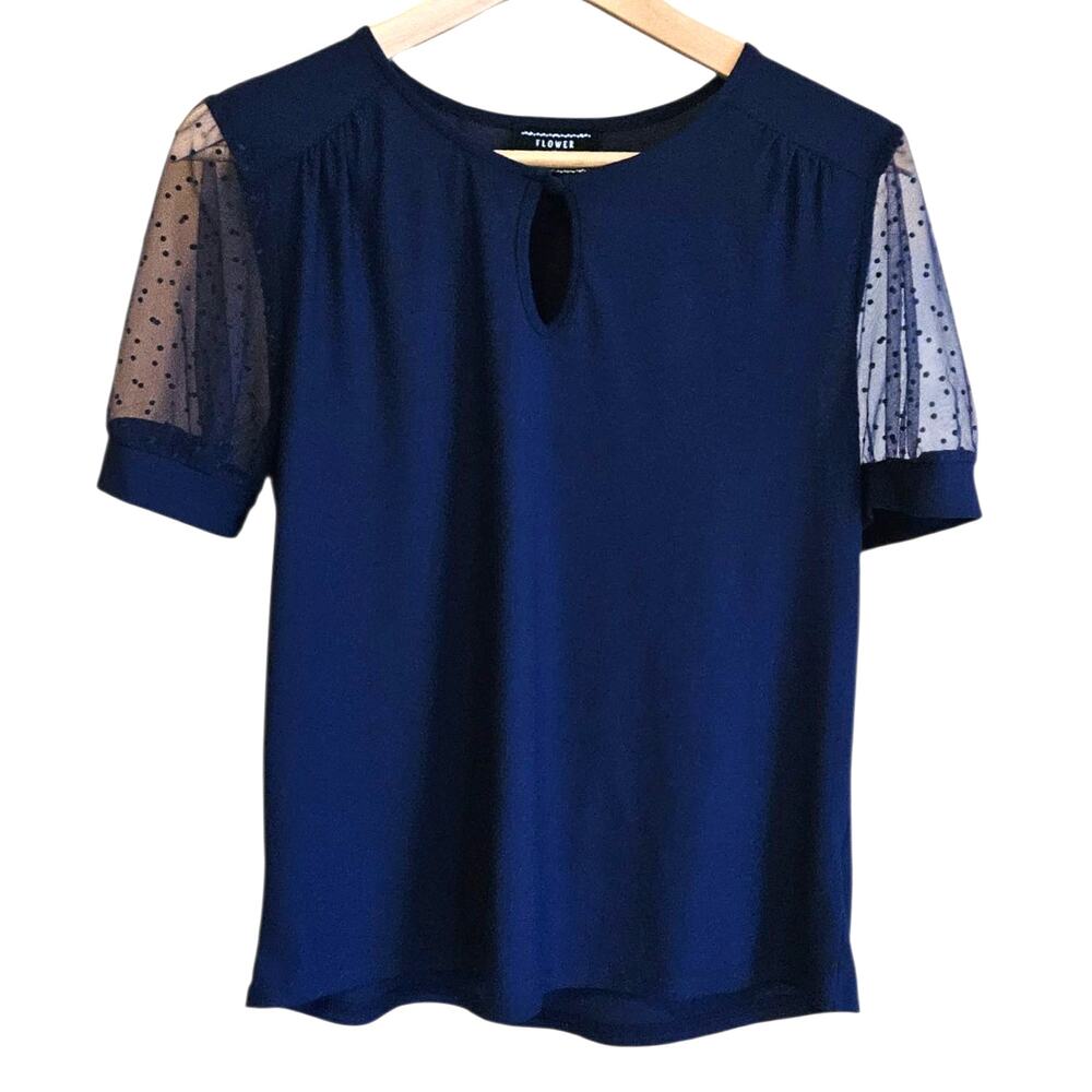 Flower & Feather Women's Blouse Sheer Polka Dot Sleeves Navy Blue Size Medium